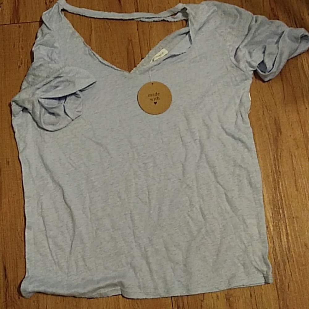 ⭐Honey punch linen raw neckline blue tee m nwt